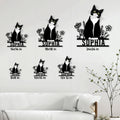 Tuxedo cat metal sign size guide showing six available square sizes in a living room setting
