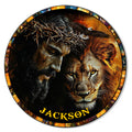 Christian metal sign featuring Jesus wearing a crown of thorns beside a lion and soaring eagle