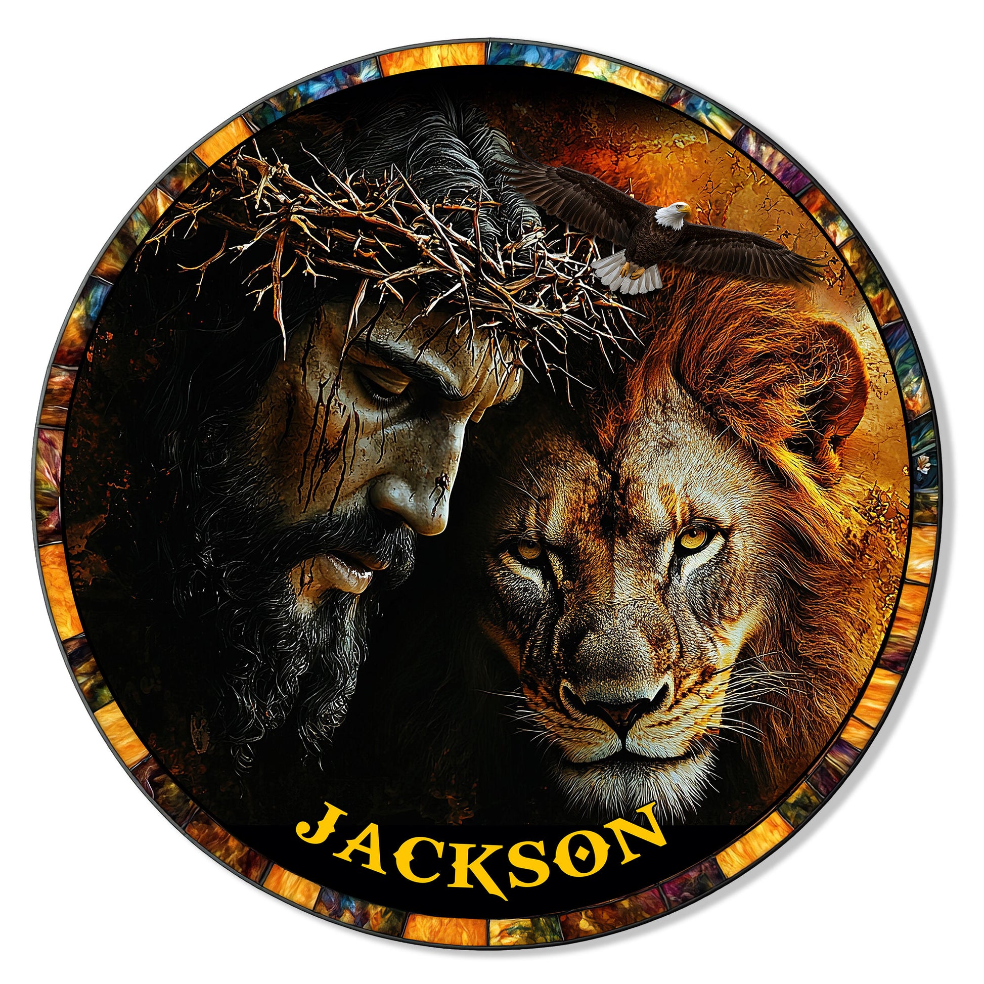 Christian metal sign featuring Jesus wearing a crown of thorns beside a lion and soaring eagle