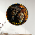 Christian metal wall decor displayed above a console, featuring Jesus and a powerful lion portrait