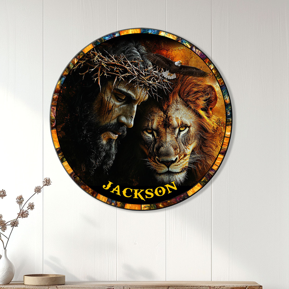 Christian metal wall decor displayed above a console, featuring Jesus and a powerful lion portrait