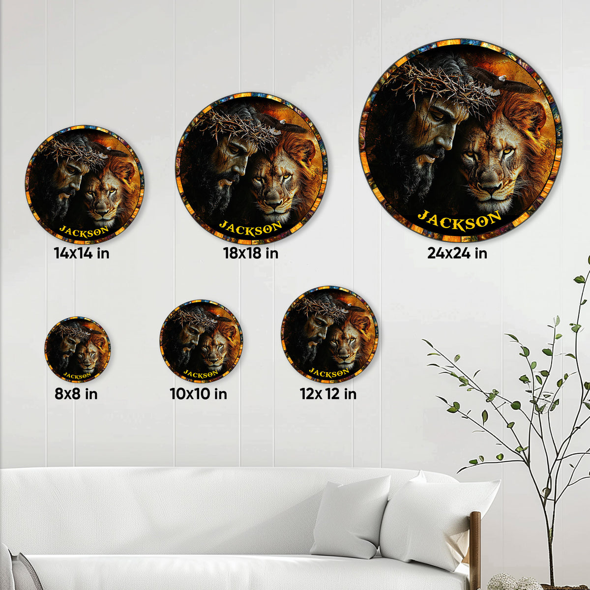 Christian lion and Jesus metal sign shown in multiple sizes on a bright living room wall