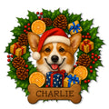 Christmas corgi metal sign featuring a smiling dog in a Santa hat surrounded by holly, gifts, and pinecones