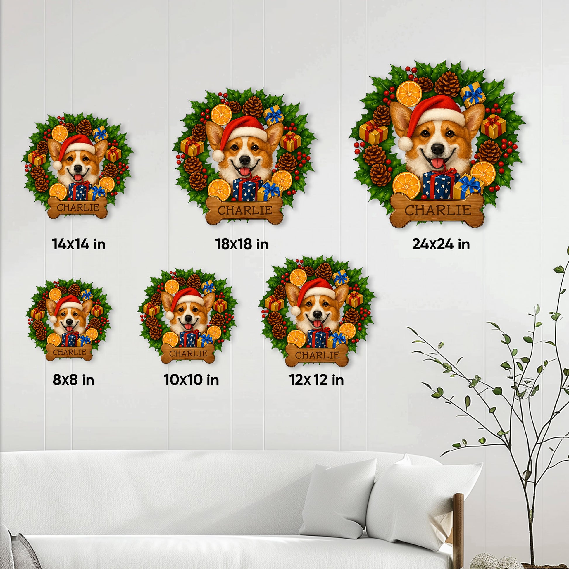 Christmas corgi metal sign size guide showing available 8, 10, 12, 14, 18, and 24 inch options