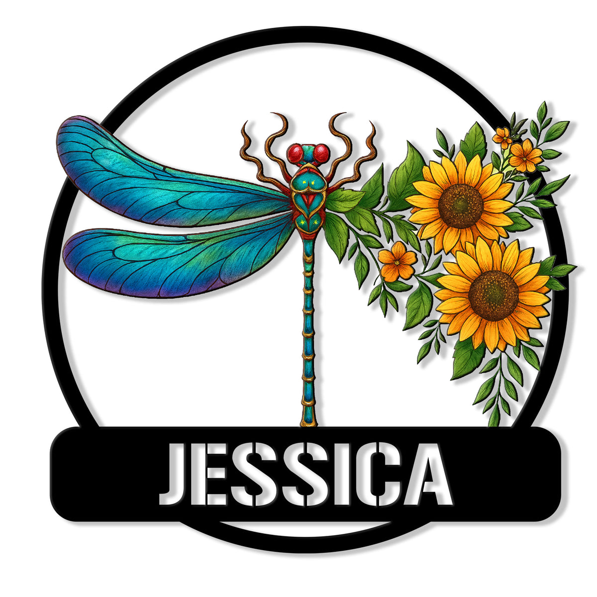 Colorful dragonfly metal sign with blue wings, sunflowers, green leaves, and a round black frame