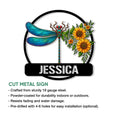 Dragonfly metal sign feature graphic showing colorful botanical artwork and cut-metal sign details