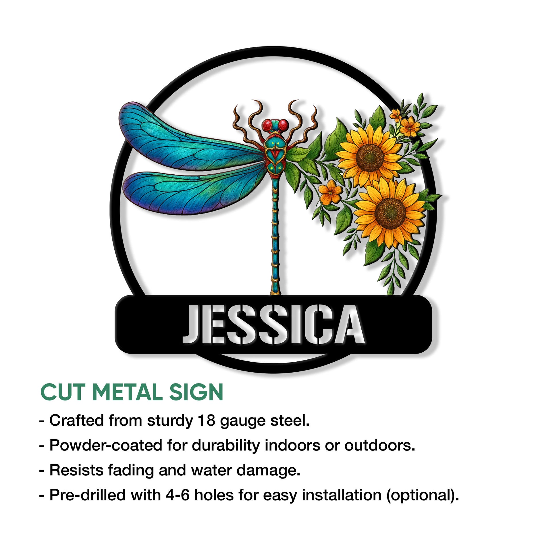 Dragonfly metal sign feature graphic showing colorful botanical artwork and cut-metal sign details