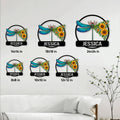 Dragonfly metal sign size guide showing multiple square size options in a bright living room