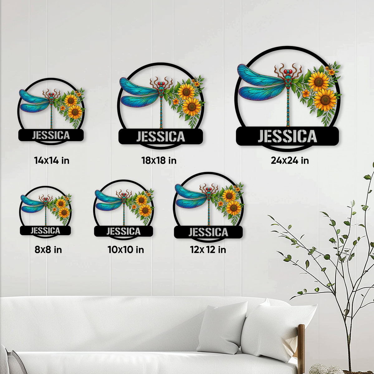 Dragonfly metal sign size guide showing multiple square size options in a bright living room