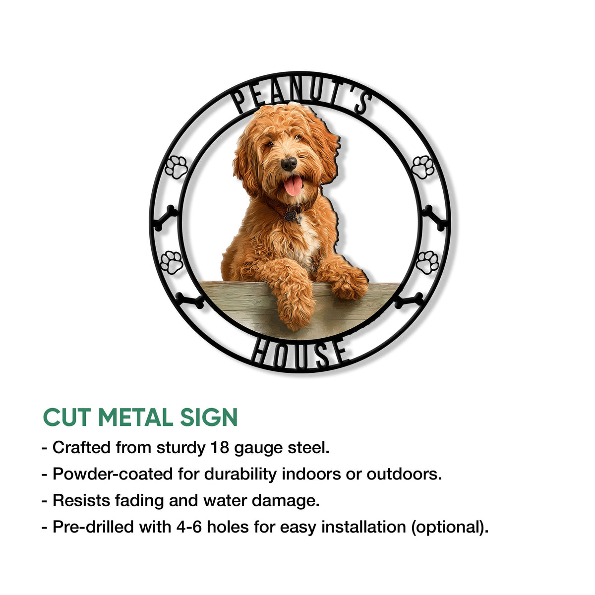 Labradoodle cut metal sign shown with product features for indoor or outdoor dog lover decor