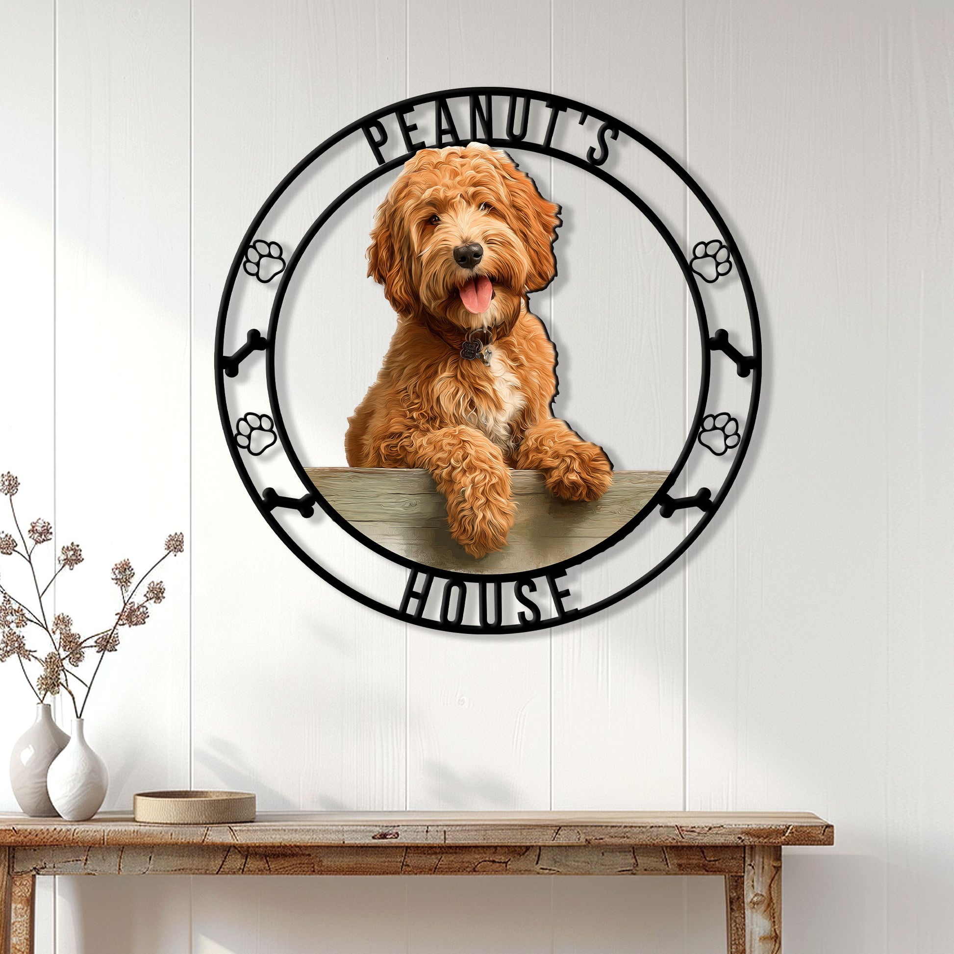 Labradoodle metal wall sign displayed on a white paneled entryway above a wooden console
