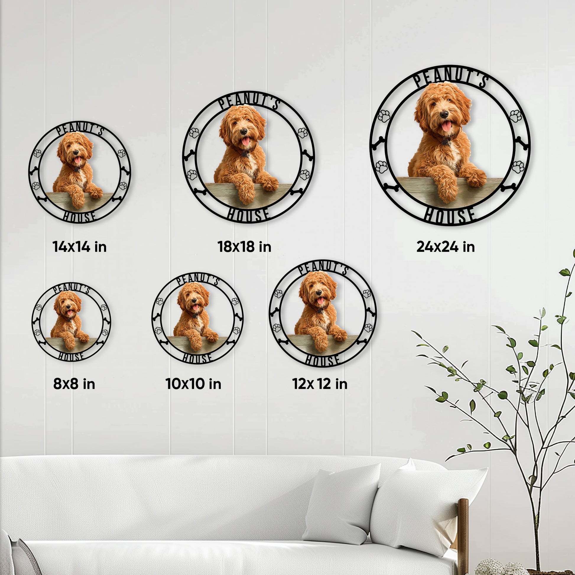 Labradoodle metal sign size guide showing round options from 8 by 8 to 24 by 24 inches