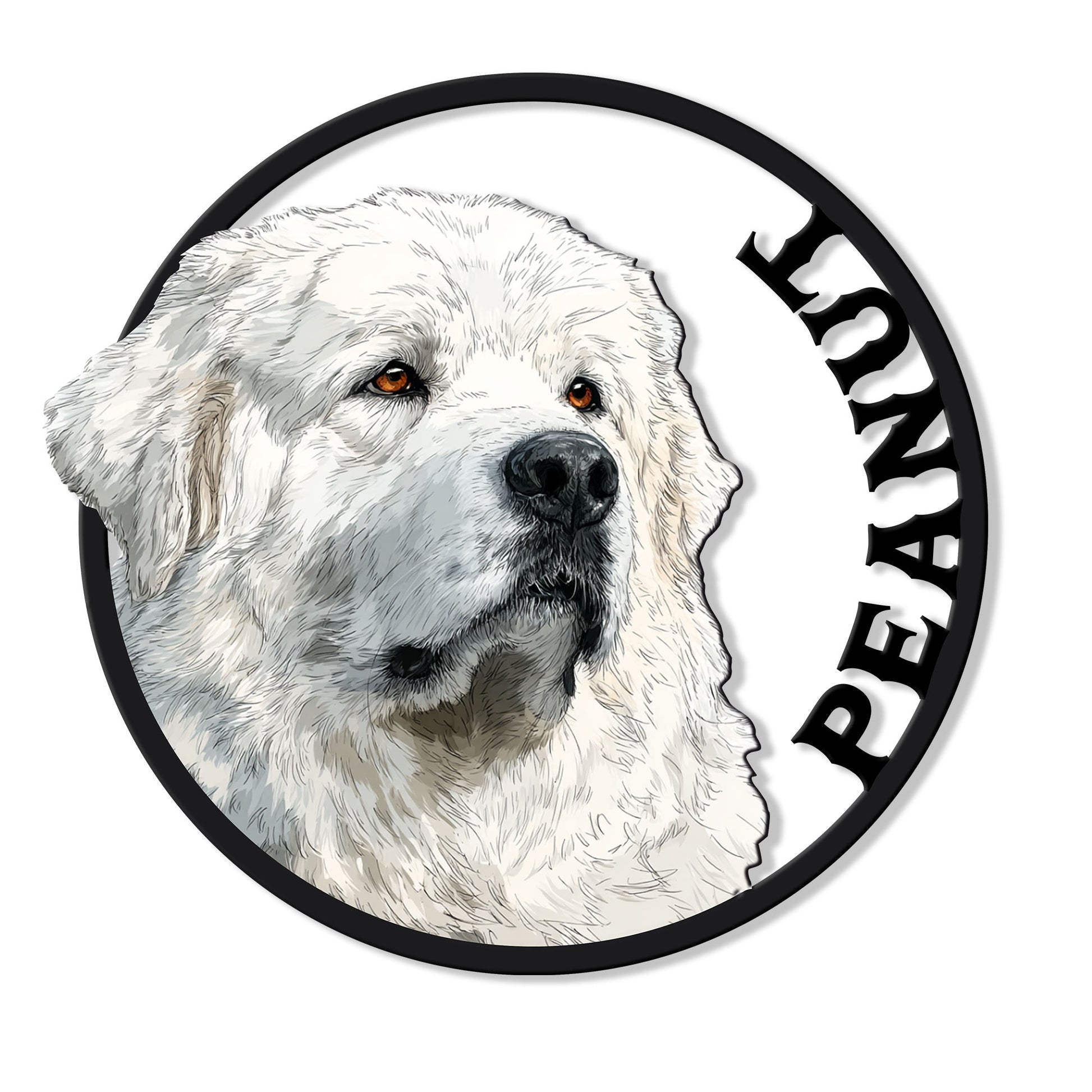 Great Pyrenees metal sign featuring a detailed white livestock guardian dog portrait in a bold round design