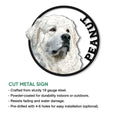 Great Pyrenees cut metal sign shown with product features for indoor or outdoor display