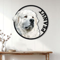 Great Pyrenees dog metal wall sign displayed on a white paneled wall above a wooden console table