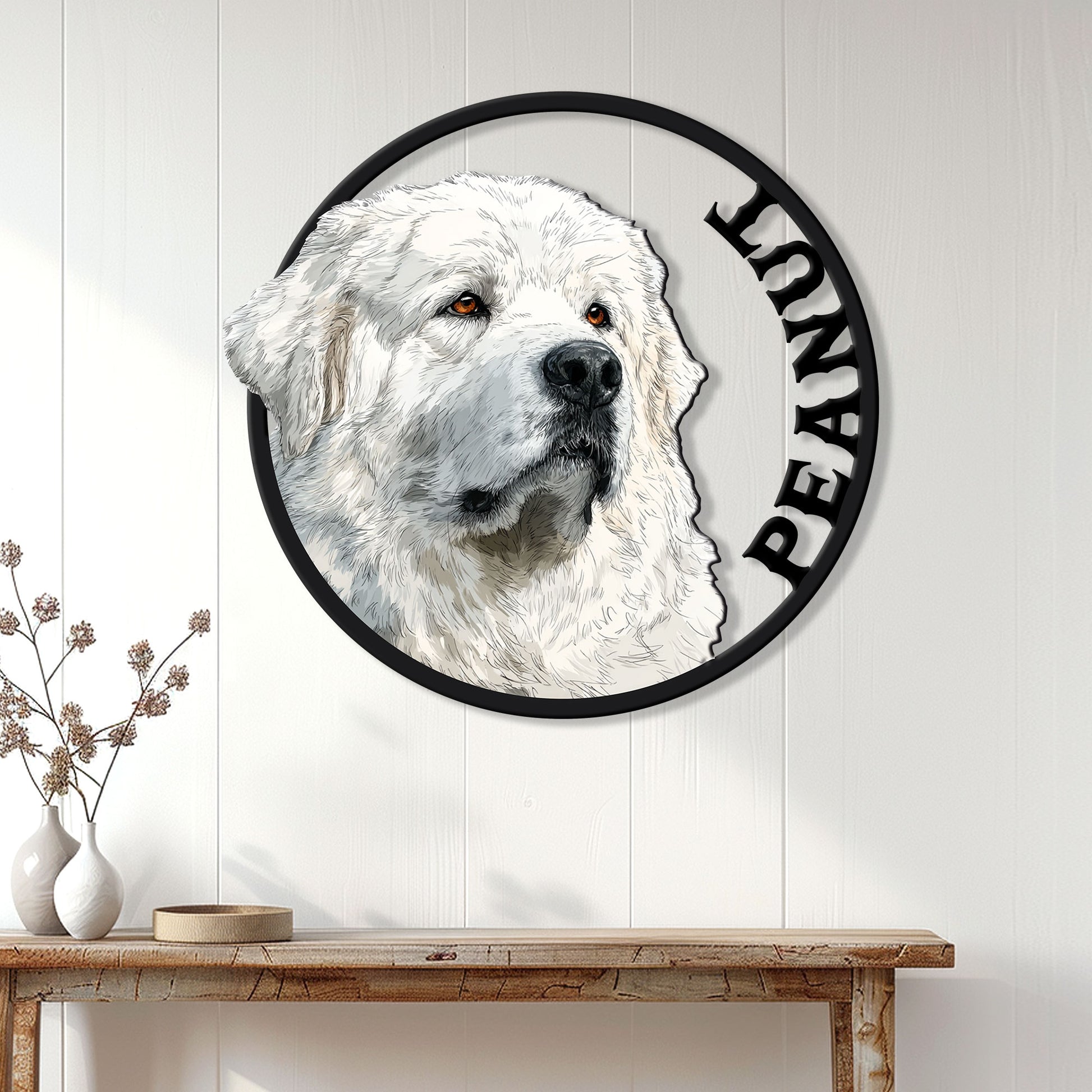 Great Pyrenees dog metal wall sign displayed on a white paneled wall above a wooden console table