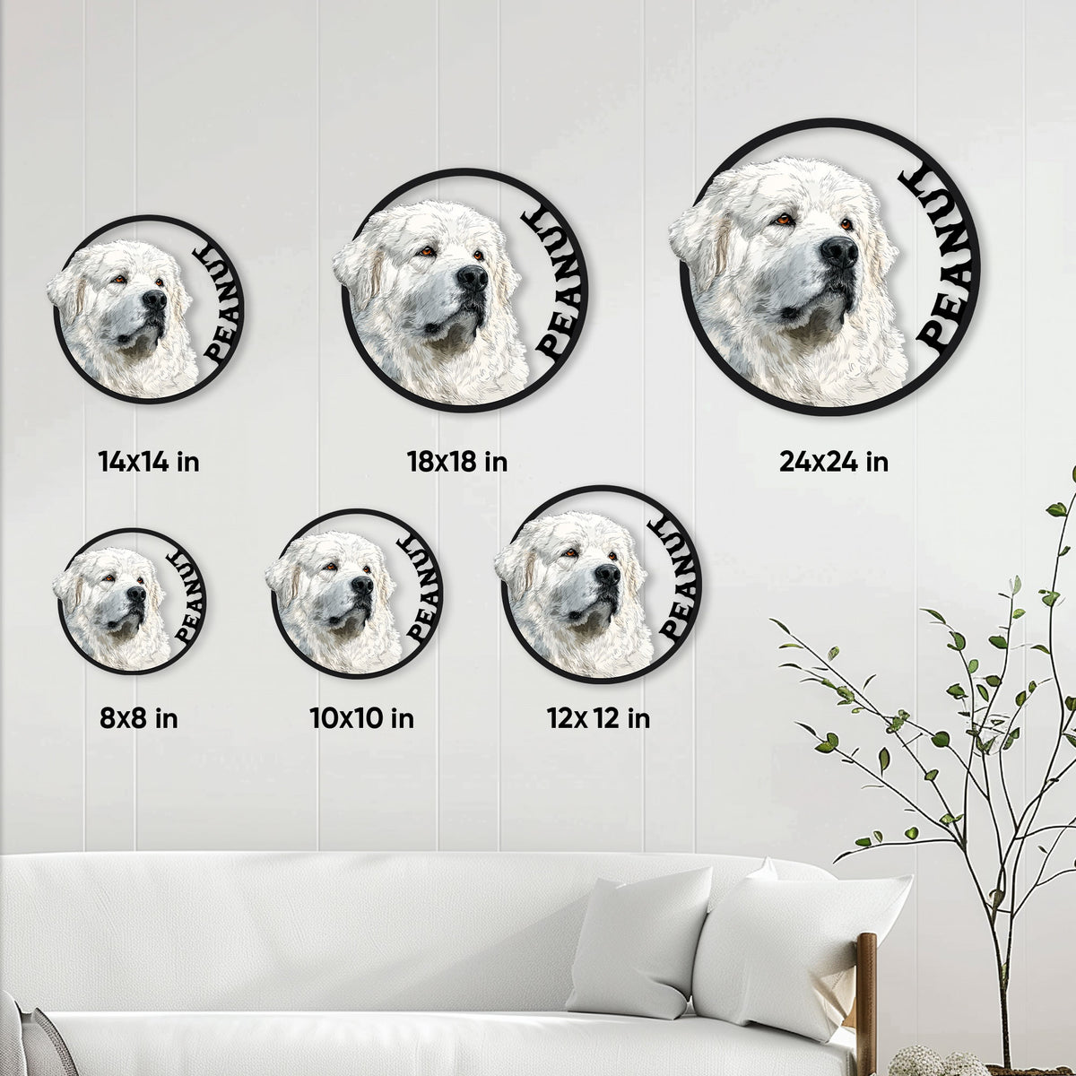 Great Pyrenees metal sign size guide showing six available round sign sizes from 8 to 24 inches