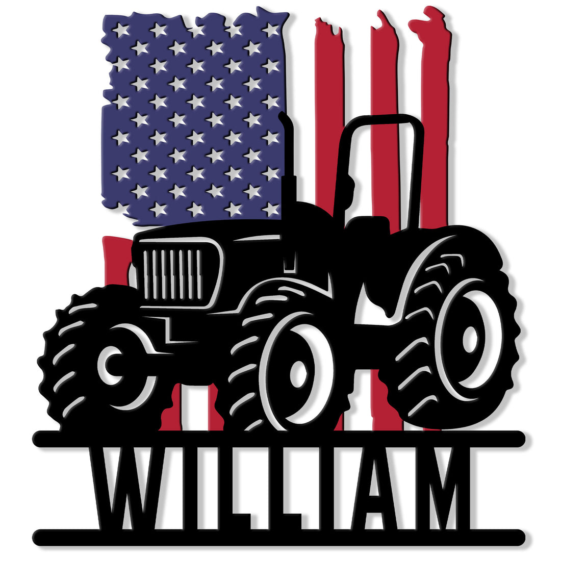 Patriotic tractor metal sign featuring a bold farm tractor silhouette over an American flag design