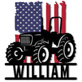 Patriotic tractor metal sign featuring a bold farm tractor silhouette over an American flag design
