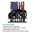 Cut metal tractor sign with a patriotic American flag design shown in a product feature graphic