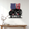 Patriotic tractor wall sign displayed on a white paneled wall above a wooden console table