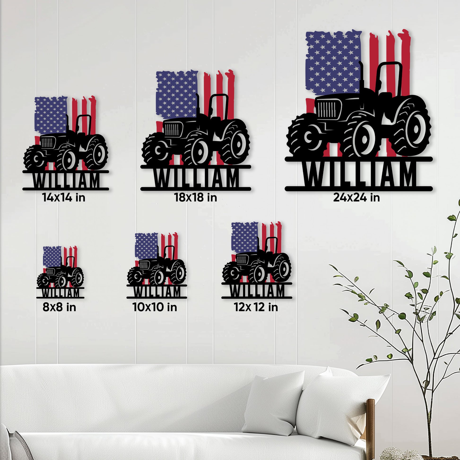 Tractor metal sign size guide showing available square sizes from 8 by 8 to 24 by 24 inches