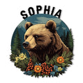 Custom bear metal sign featuring a detailed woodland bear portrait, mountain forest, evergreen trees, and wildflowers