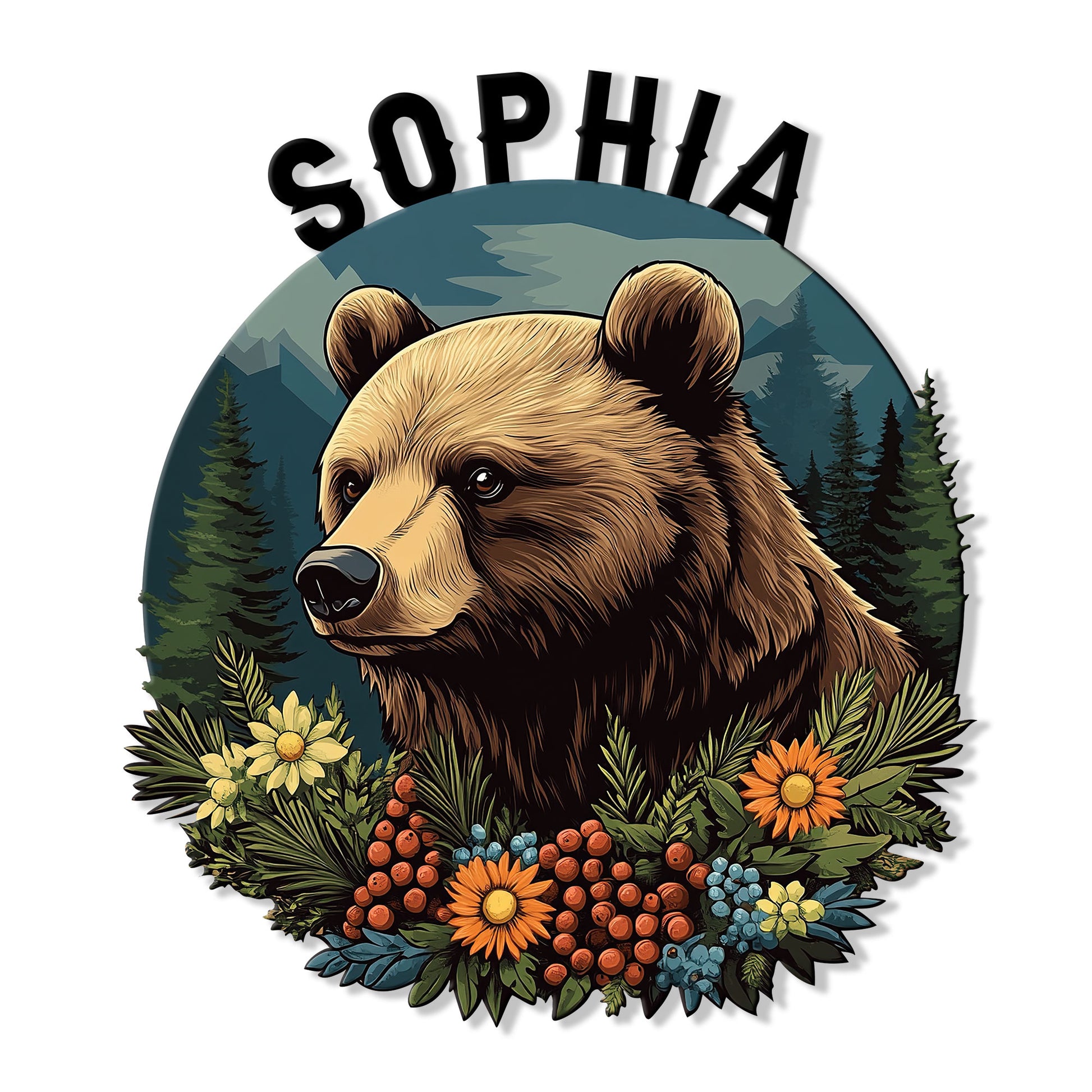 Custom bear metal sign featuring a detailed woodland bear portrait, mountain forest, evergreen trees, and wildflowers