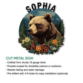 Bear metal sign product graphic showing the woodland bear artwork and cut-metal sign features