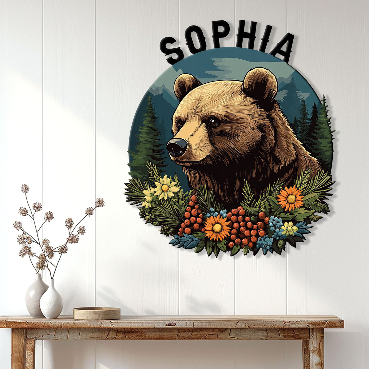 Bear wall sign displayed on a light wood-paneled wall above a rustic console table