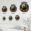 Bear metal sign size guide showing several circular sign sizes in a bright living room setting