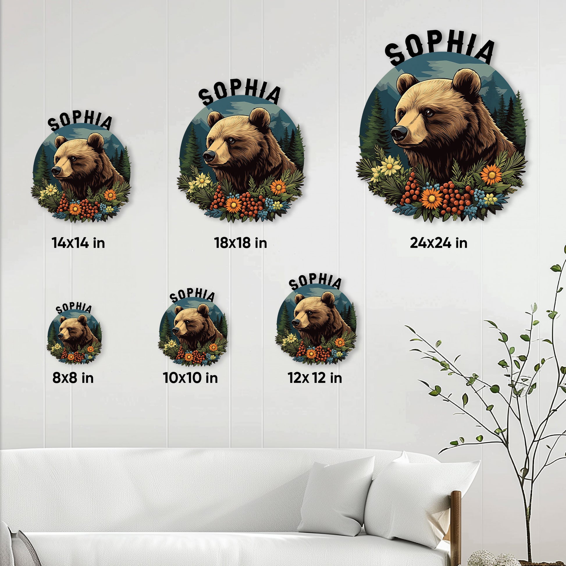 Bear metal sign size guide showing several circular sign sizes in a bright living room setting
