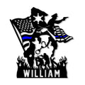 Custom police metal sign featuring a sheriff star, American flag, thin blue line, officer, and K-9 silhouette