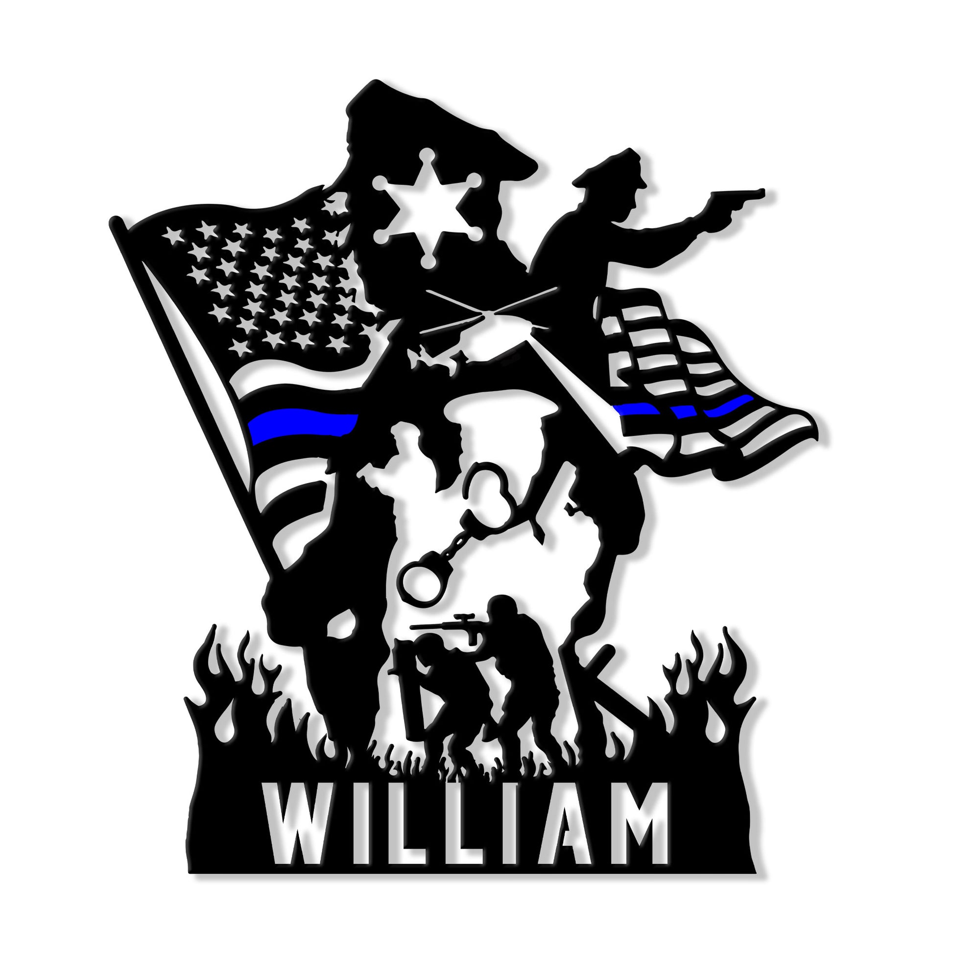 Custom police metal sign featuring a sheriff star, American flag, thin blue line, officer, and K-9 silhouette