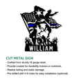 Police officer and K-9 metal sign shown in a product feature graphic for law enforcement decor
