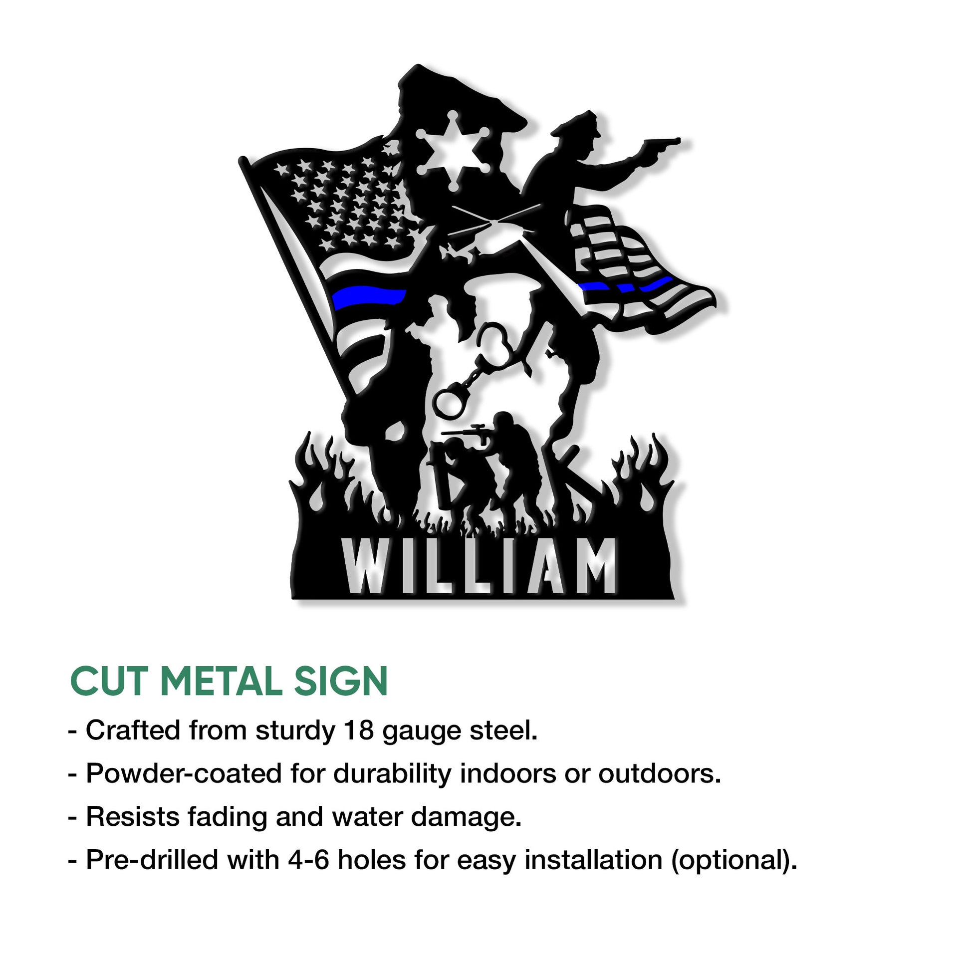 Police officer and K-9 metal sign shown in a product feature graphic for law enforcement decor