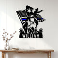 Police and K-9 metal sign displayed on a white wood wall above a console table