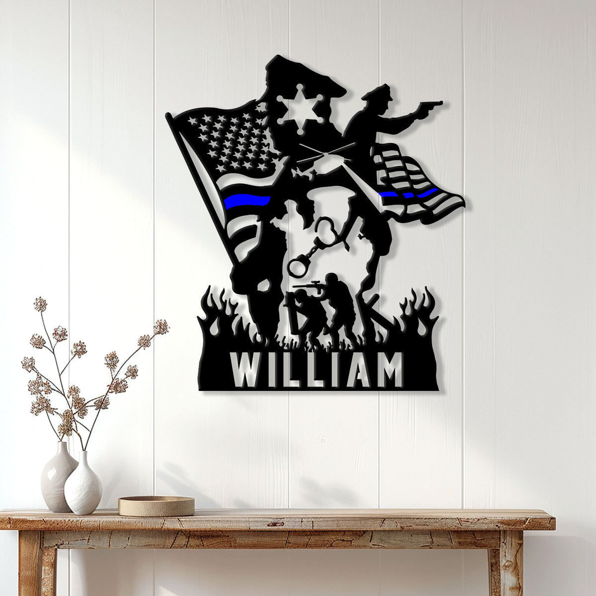 Police and K-9 metal sign displayed on a white wood wall above a console table