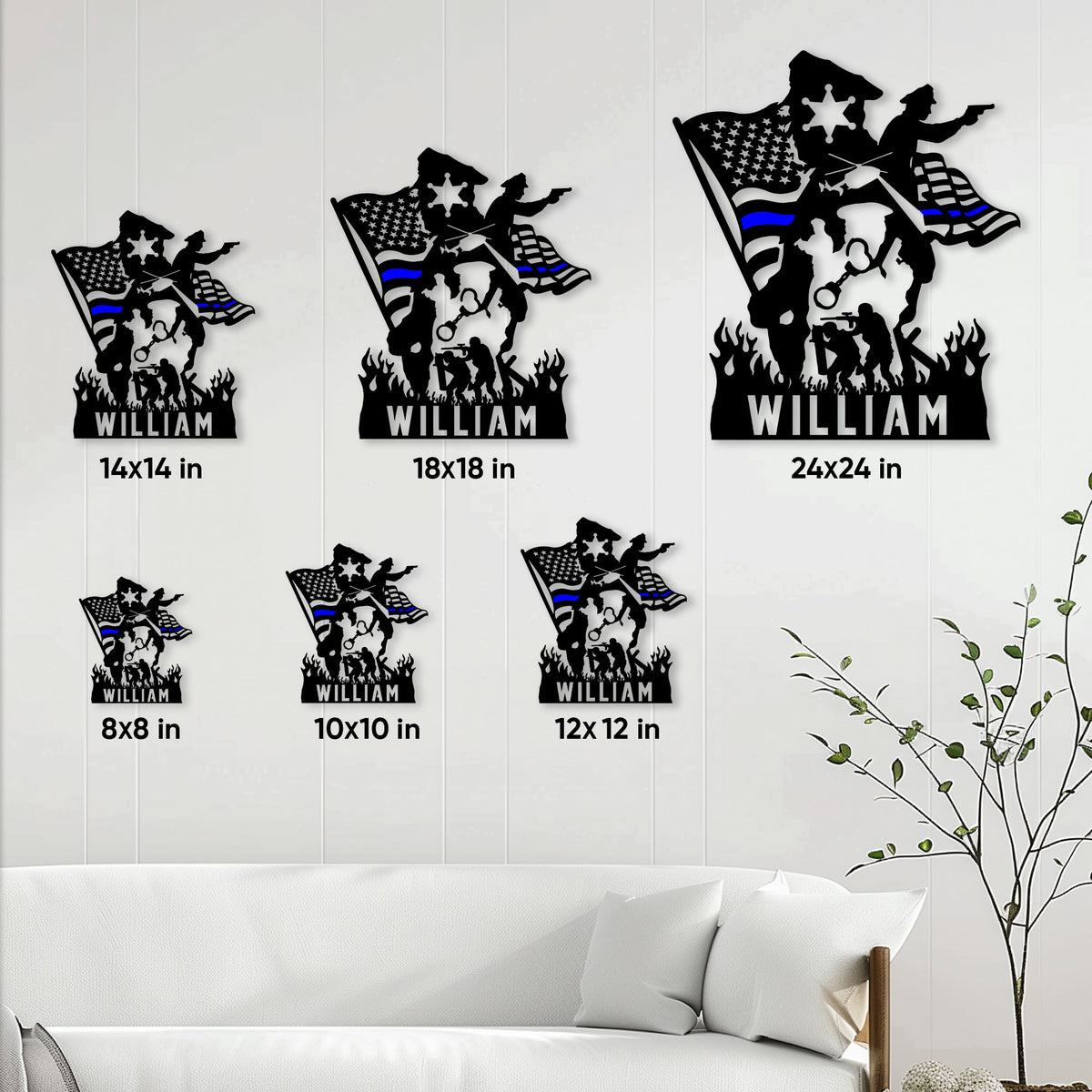 Police officer and K-9 metal sign shown in multiple size options on a bright interior wall
