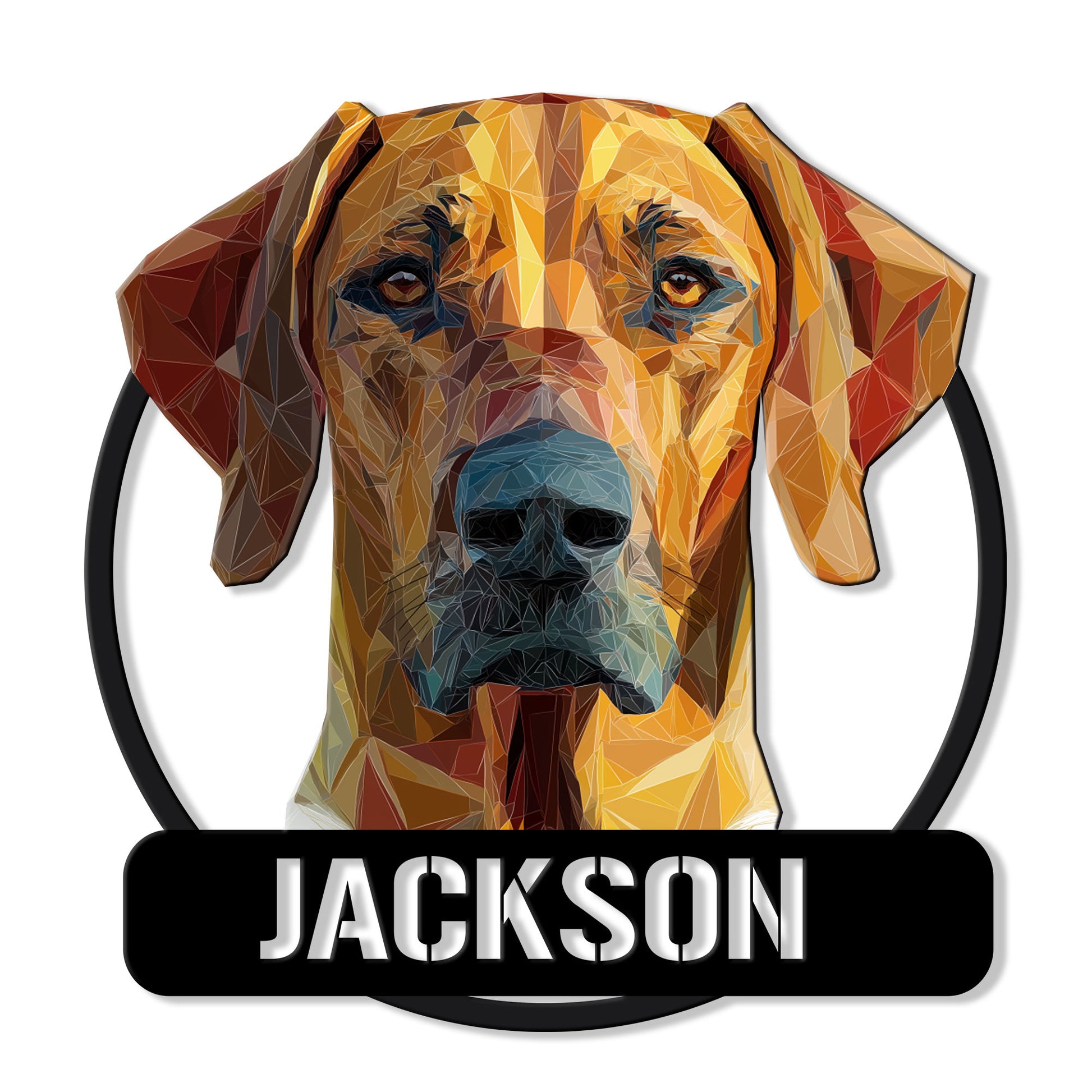 Low-poly Rhodesian Ridgeback portrait on a black cut metal sign for dog lover wall decor