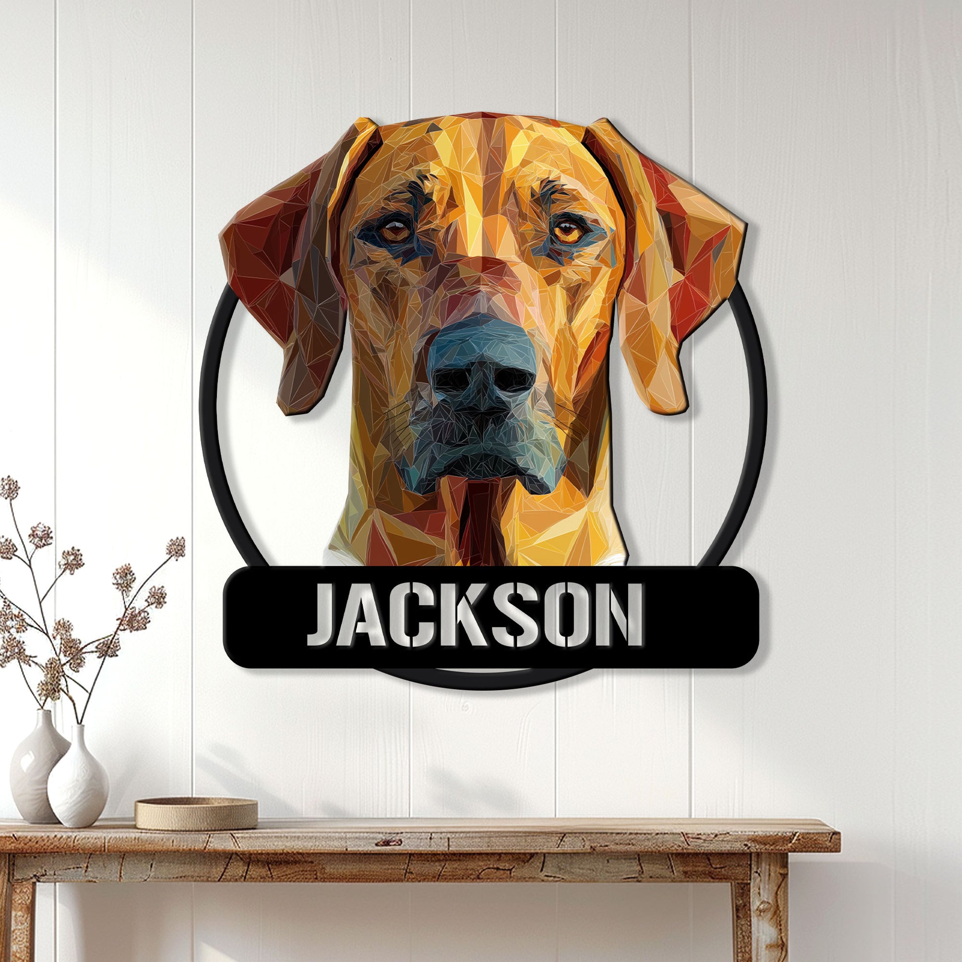 Rhodesian Ridgeback portrait metal sign displayed on a bright paneled wall above a console table
