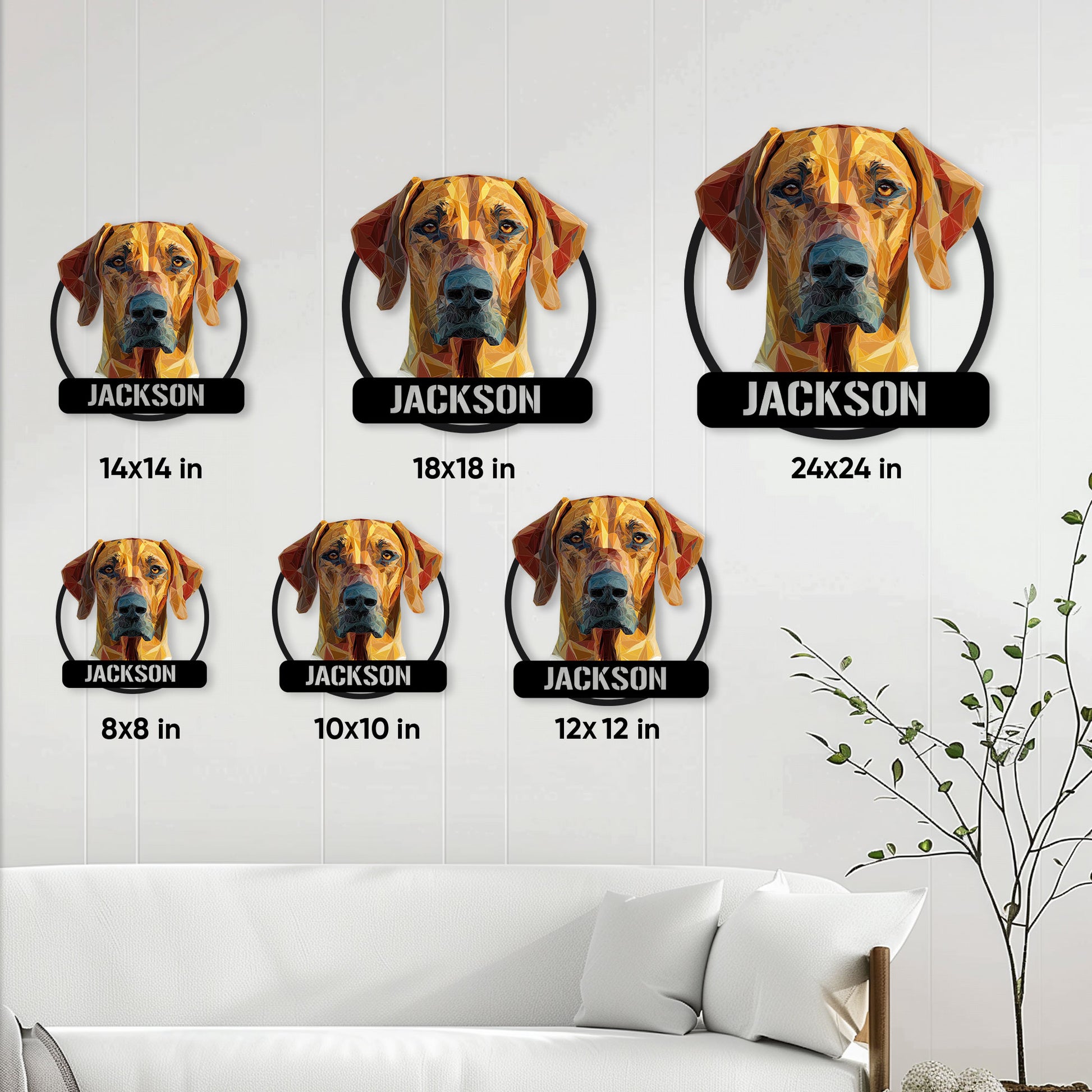 Rhodesian Ridgeback metal sign size guide showing 8, 10, 12, 14, 18, and 24 inch options