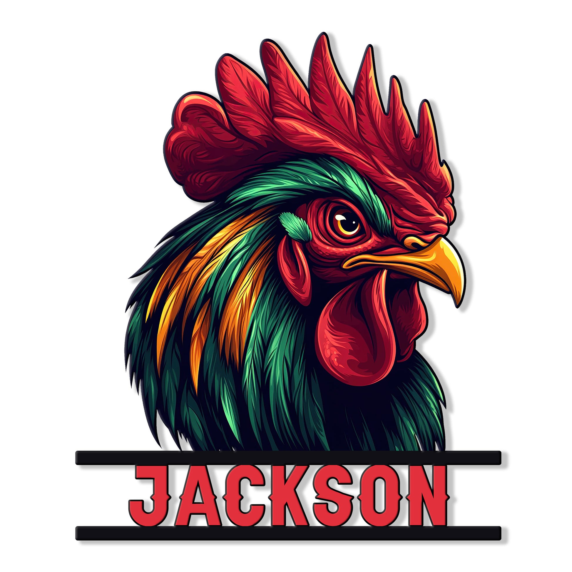 Colorful rooster head metal sign with bold red, green, and gold plumage for chicken lovers