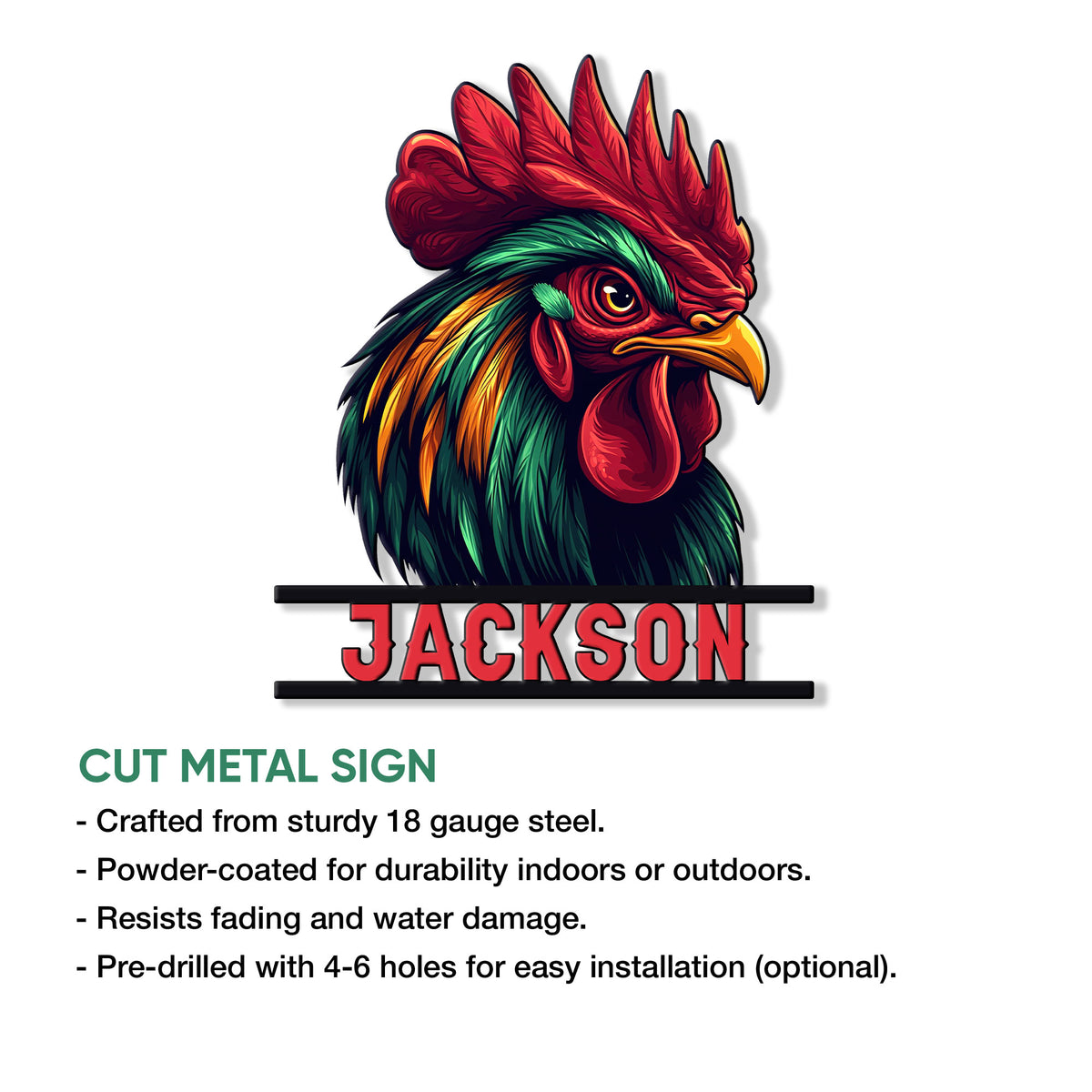 Rooster metal sign featuring vivid poultry artwork and a cut-metal wall decor design