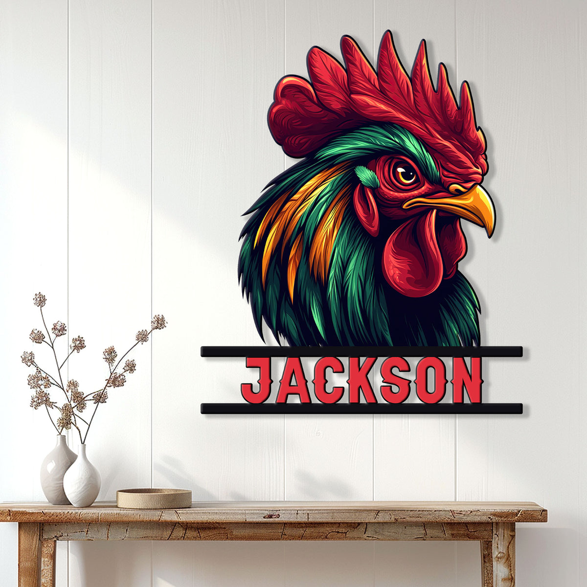 Colorful rooster wall sign displayed above a console table in a bright home interior