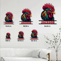 Rooster metal sign size guide showing several scale options displayed on a paneled wall