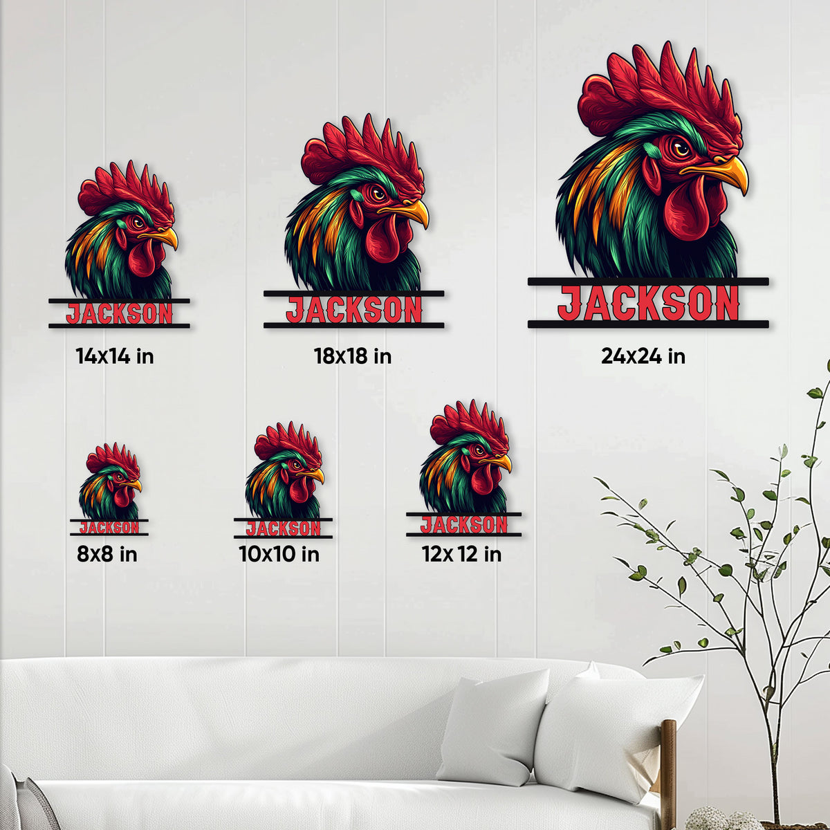 Rooster metal sign size guide showing several scale options displayed on a paneled wall