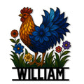 Colorful rooster and chicken metal sign with blue feathers, flowers, grass, and a custom design