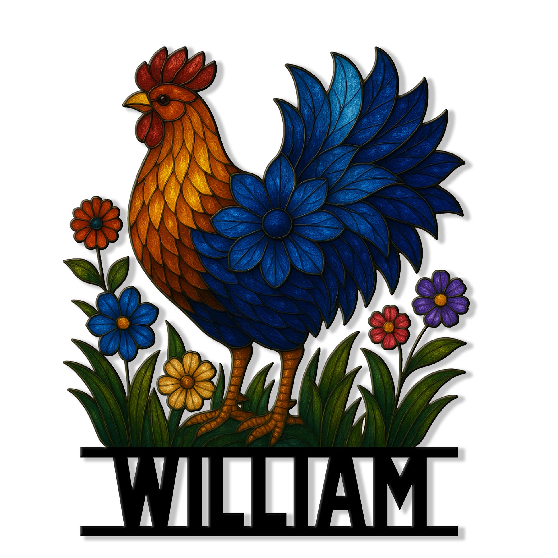 Colorful rooster and chicken metal sign with blue feathers, flowers, grass, and a custom design