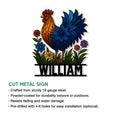 Chicken metal sign product feature graphic showing a colorful rooster design and cut metal sign details